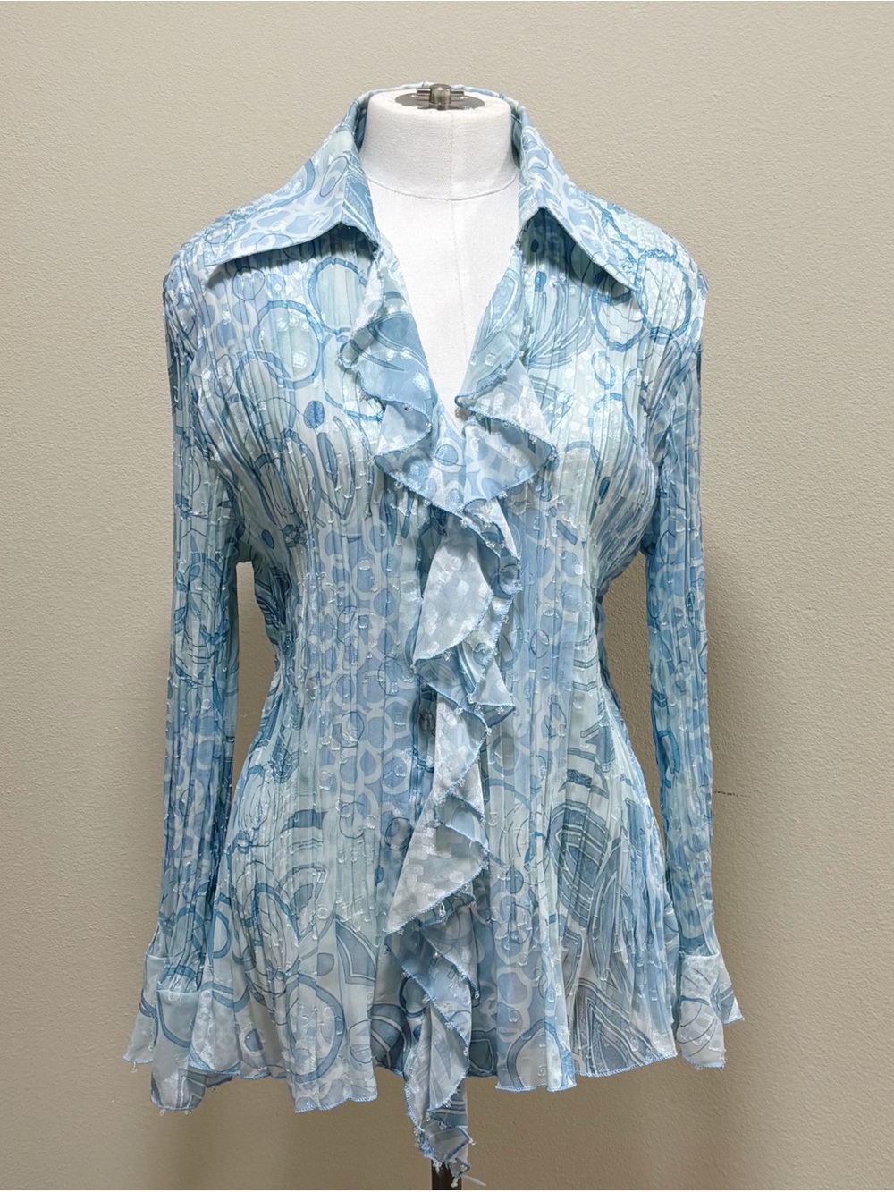 Vintage Y2K Pretty Angel Crinkle Blouse Beaded Trim Ruffle Fairy Silk Whimsy